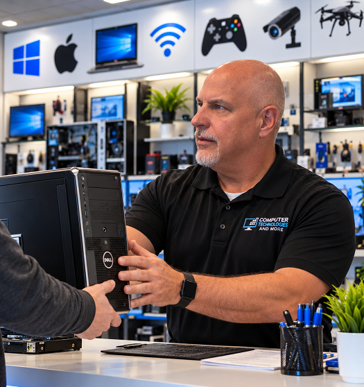 Illustrative technician receiving a desktop computer from a customer at the CTM service counter