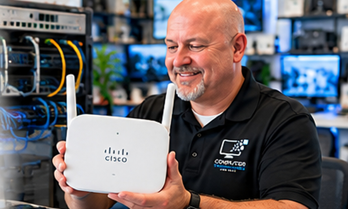 IT technician holding a Cisco wireless router at a network workstation