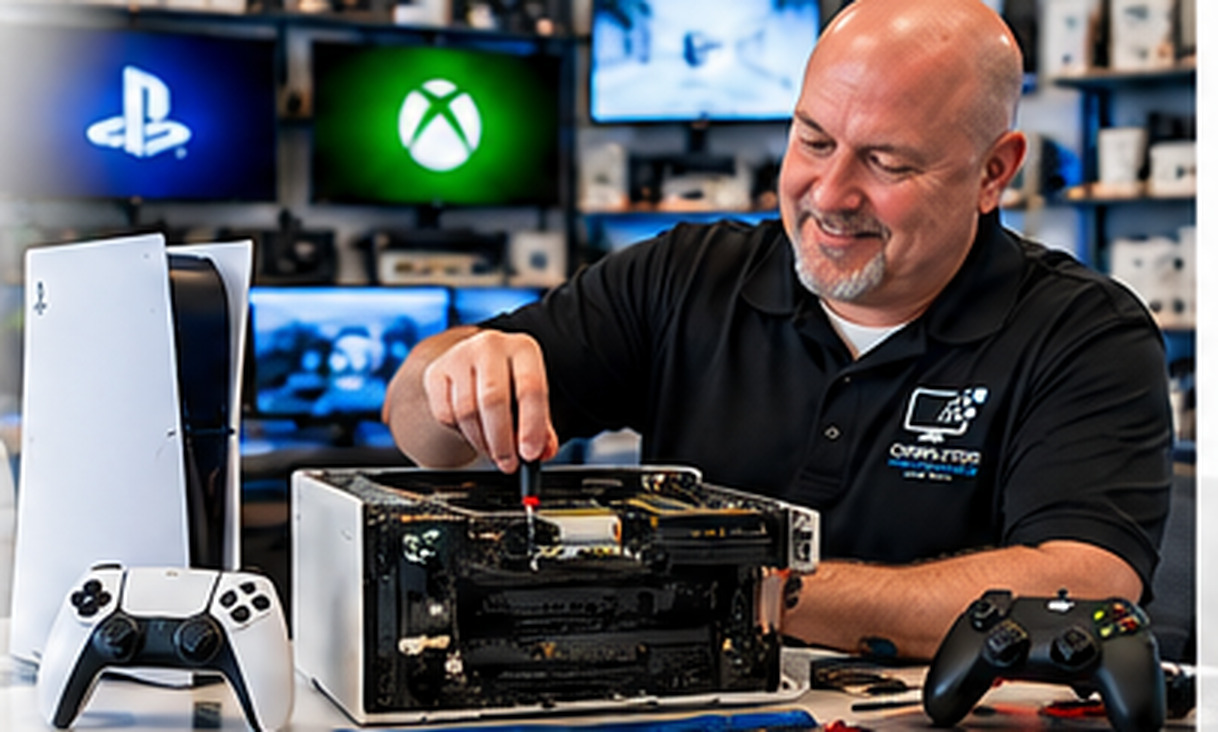 Technician repairing a gaming console beside Xbox and PlayStation equipment