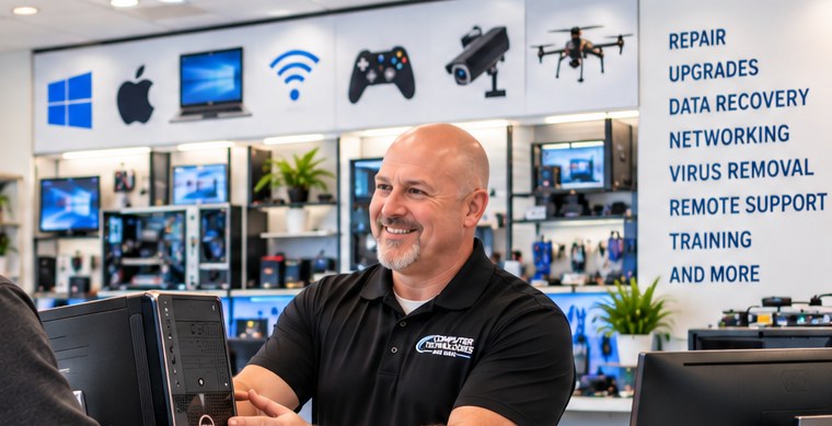 Technician evaluating computer storage and backup equipment