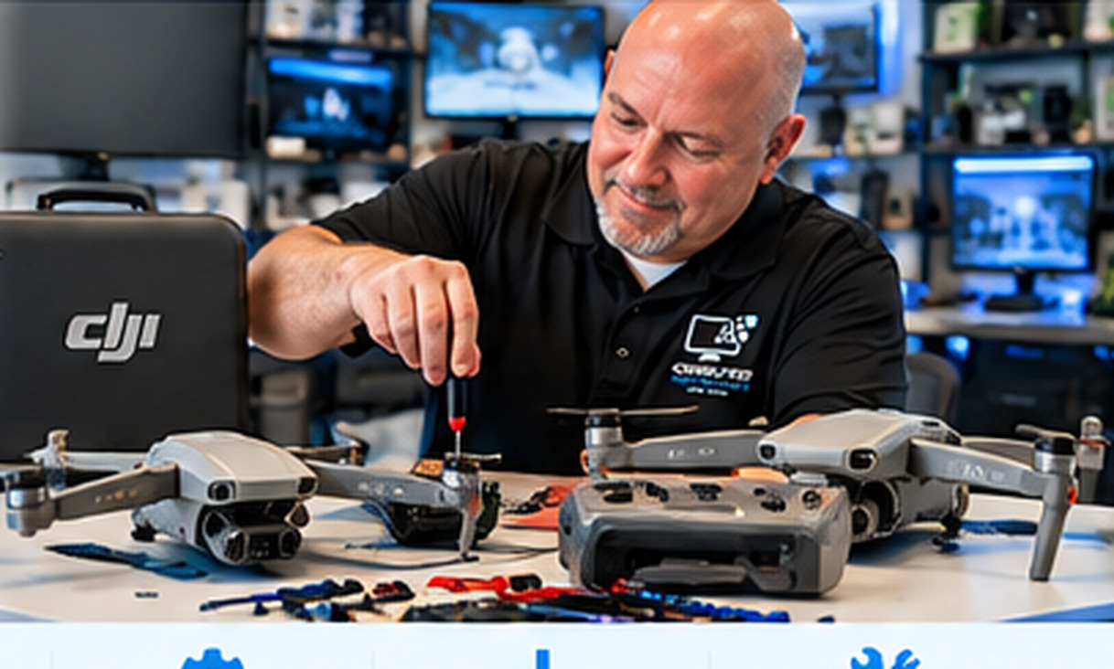 Technician servicing DJI Mini 4 and DJI Air 2S drones
