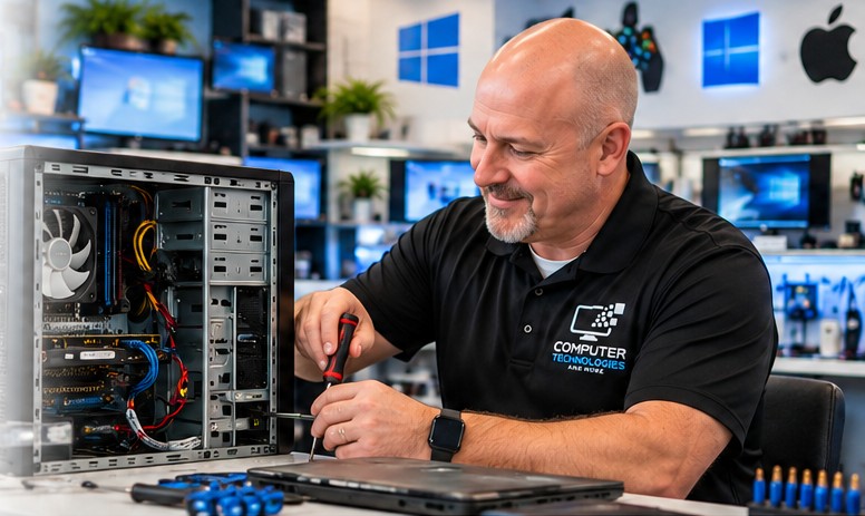 PC and laptop repair technician examining a desktop computer