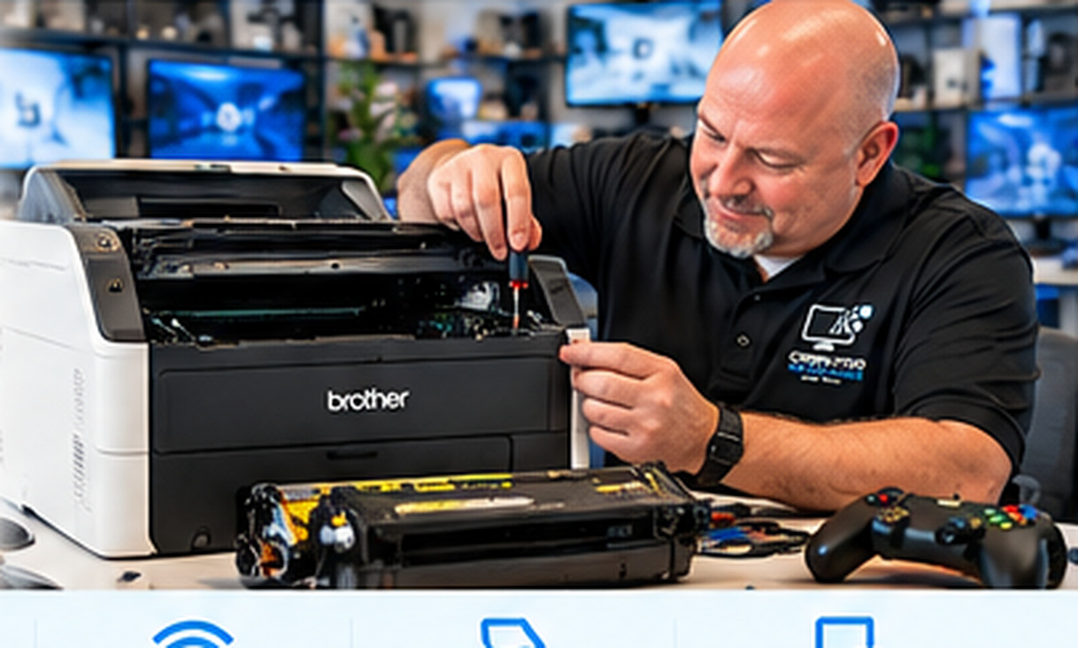 Technician working on a Brother laser printer